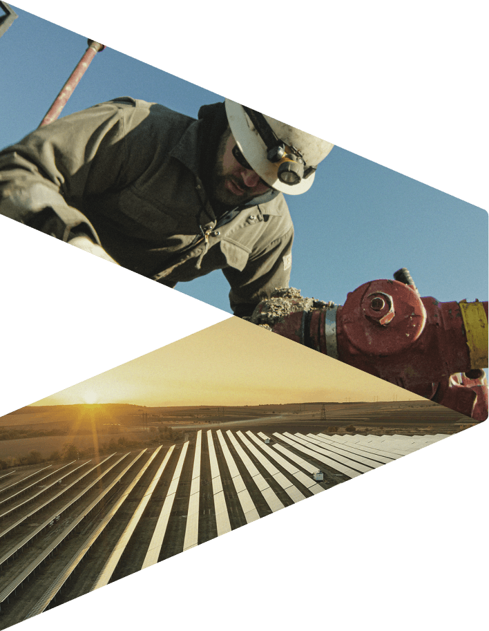 Two industry images of an oil worker and solar pannels in an arrow shape