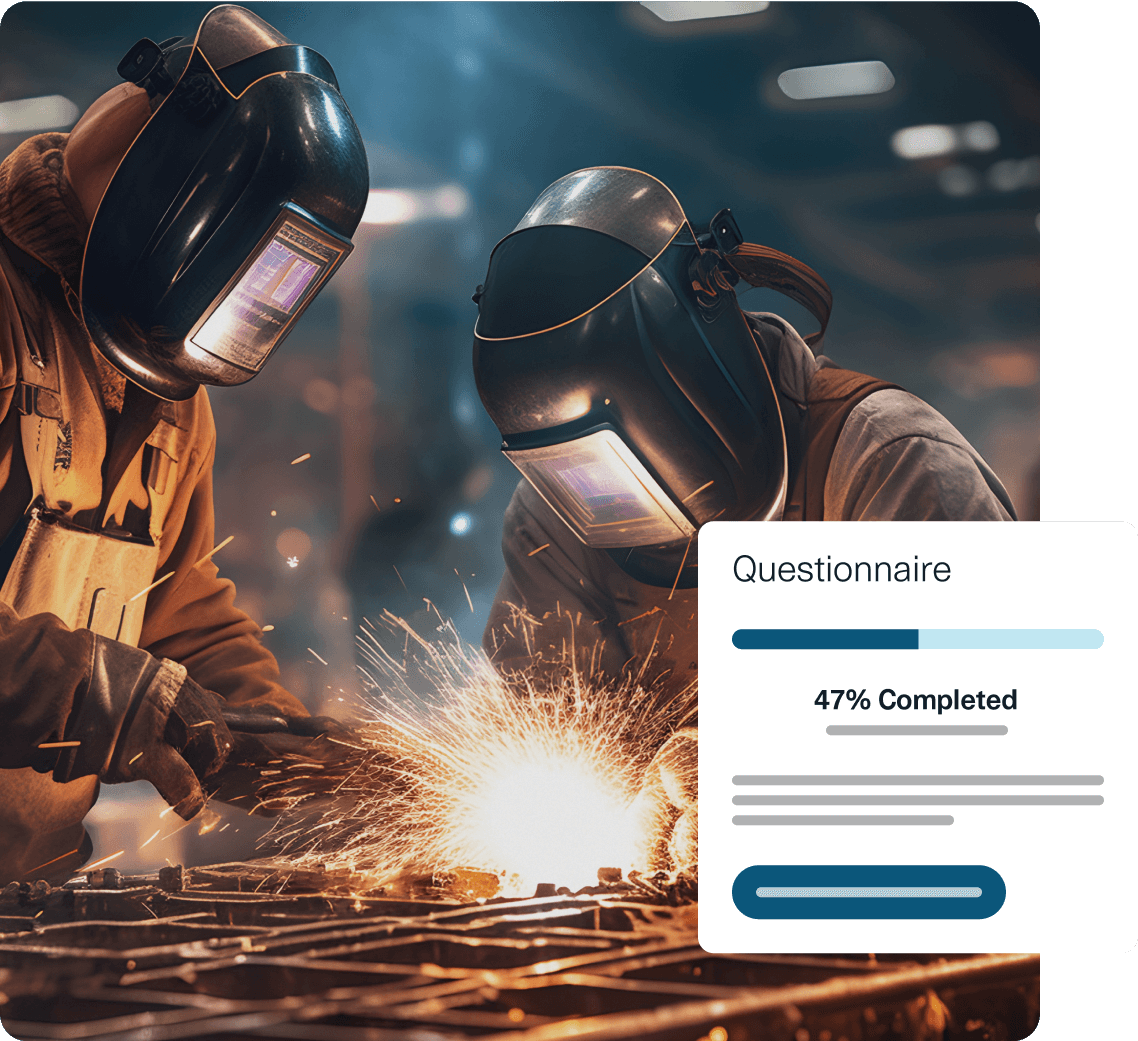 Image of welders working away with a  questionnaire graphic in the foreground