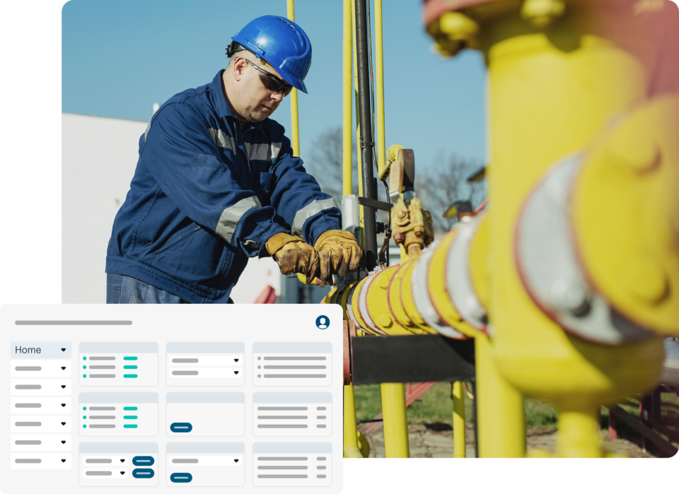 Male oil worker outside with metal piping and software illustration 