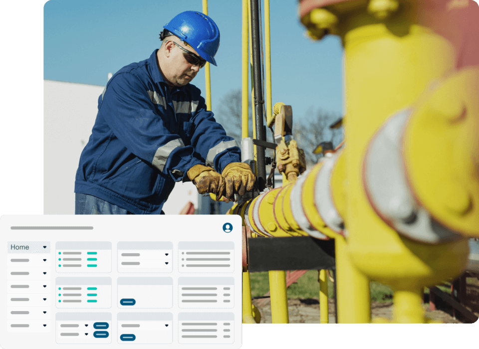 Male oil worker outside with metal piping and software illustration