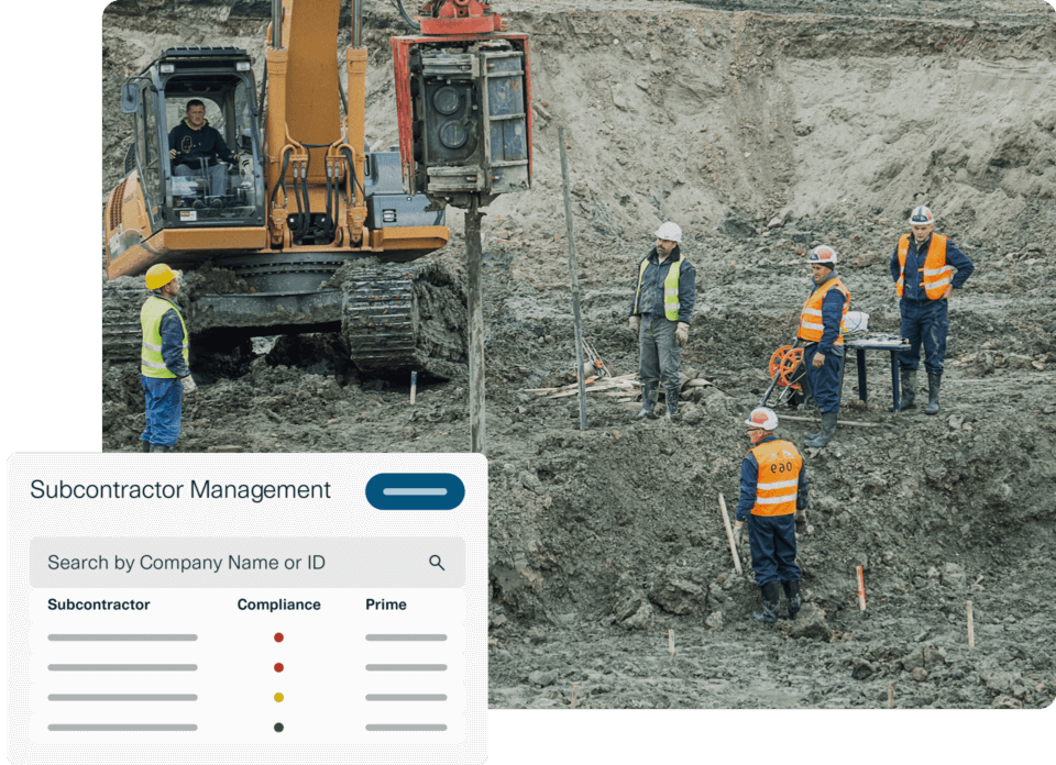 Image of five mining workers and an excavator with subcontractor management software illustration
