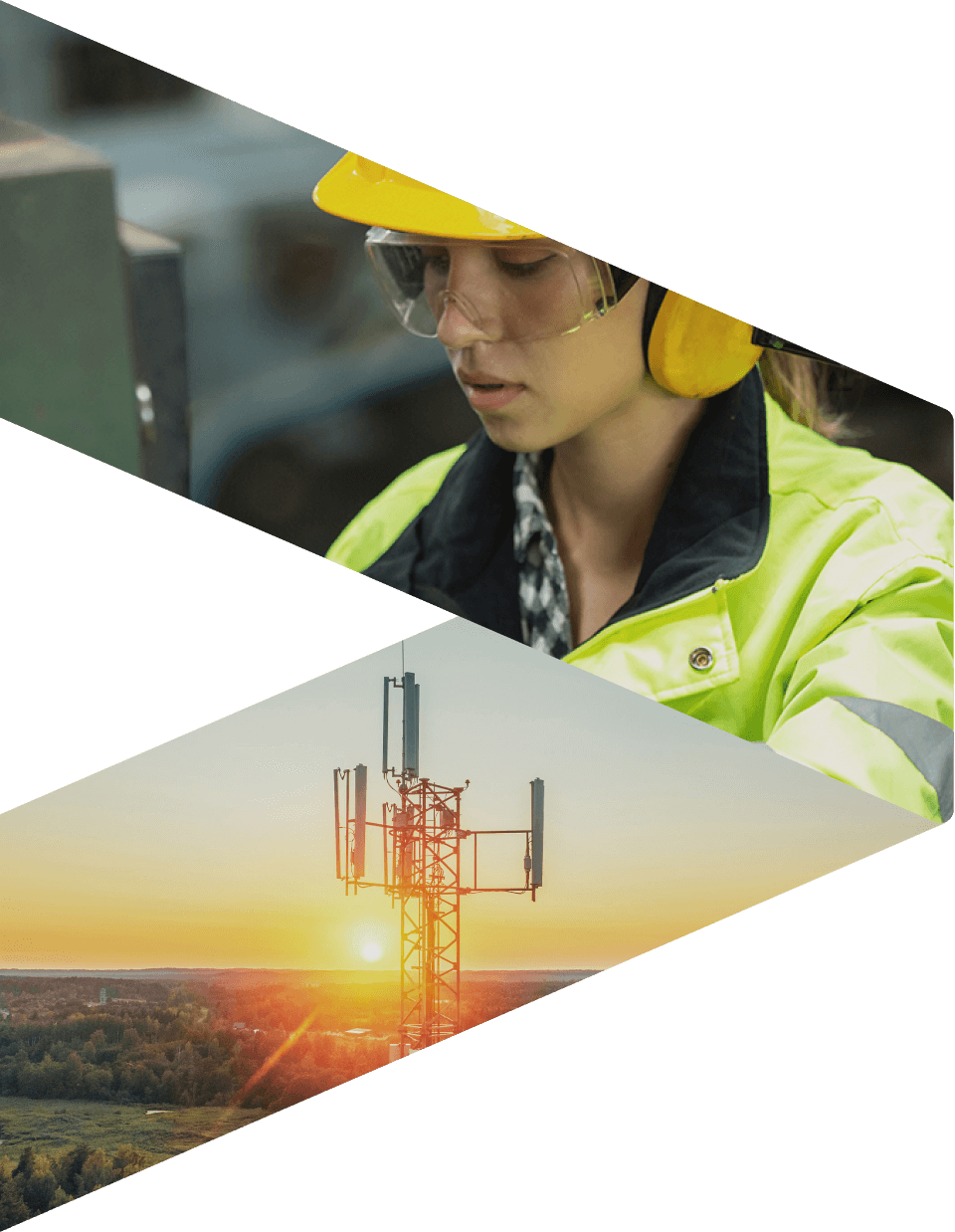 Arrow graphic with an industrial worker a telecommunications tower
