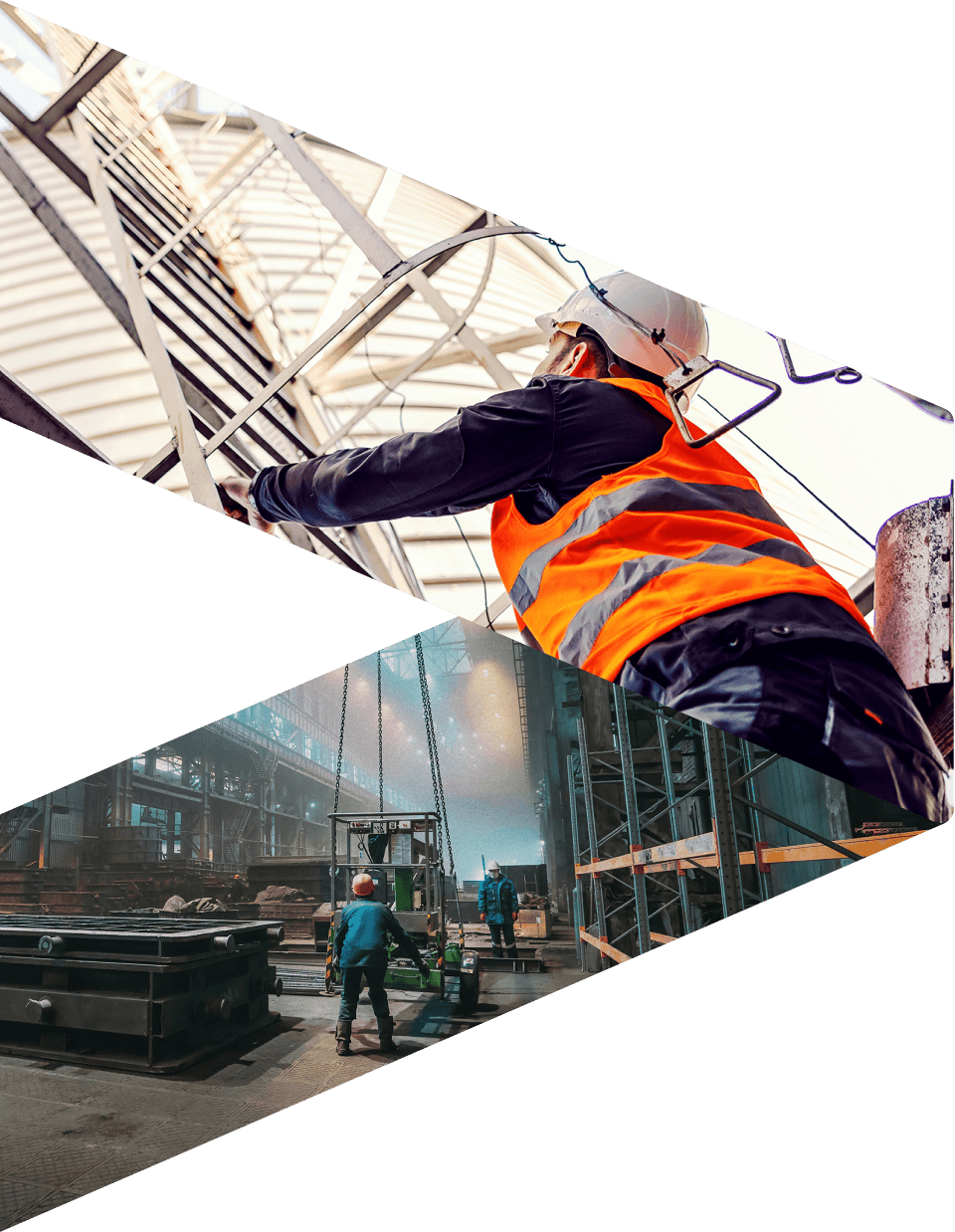 Graphic with an image of a male worker climbing a tower and an environmental industrial image in an arrow shape