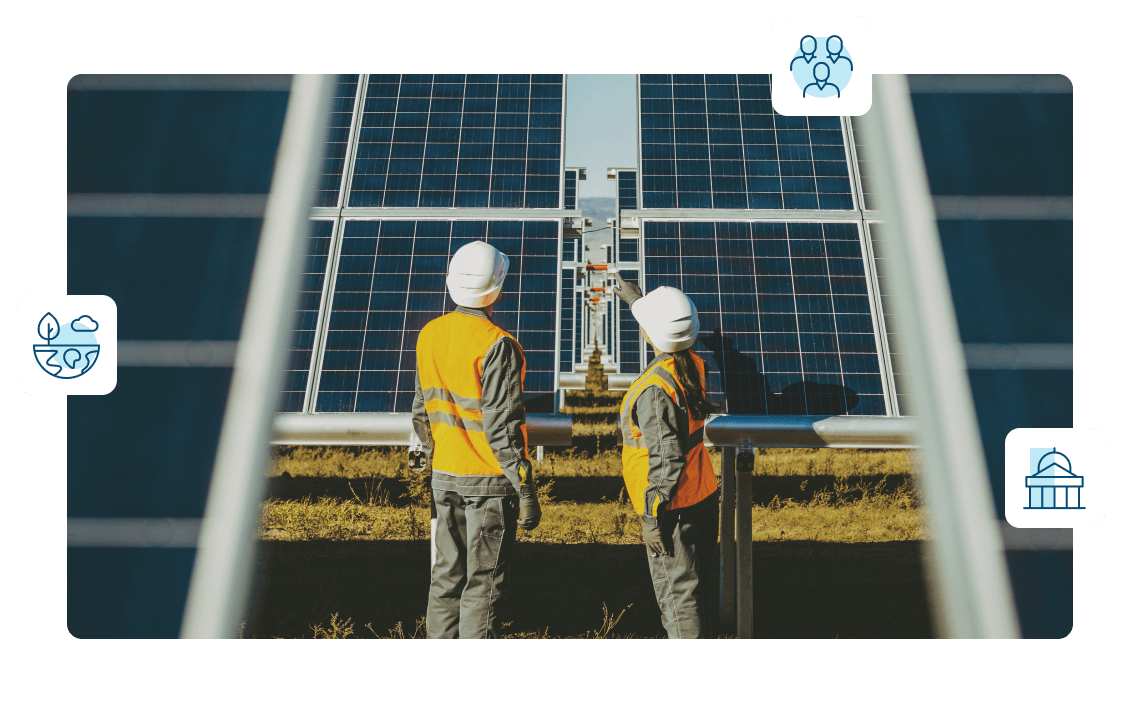 Workers looking toward solar panels with three icons representing ESG
