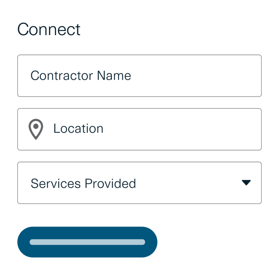 Illustrated connect screen with fields for name, location, and services 