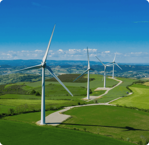 An aerial shot of wind turbines