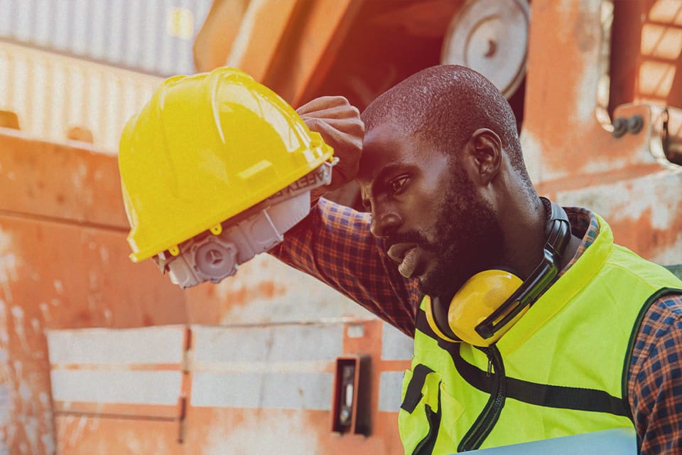 A worker deals with heat stress while on the job site.