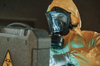worker uses equipment to protect themselves against hydrogen sulfide